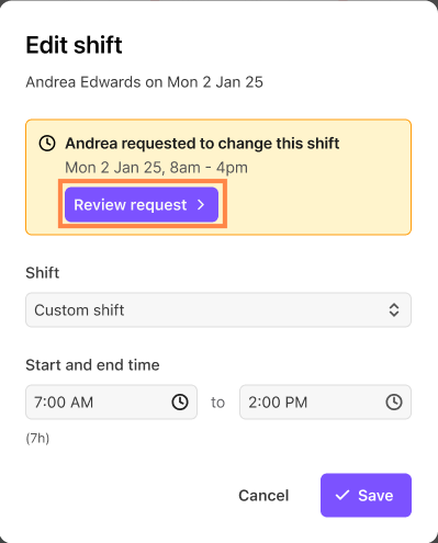 Shift edit request for Andrea Edwards on January 25, including review button.